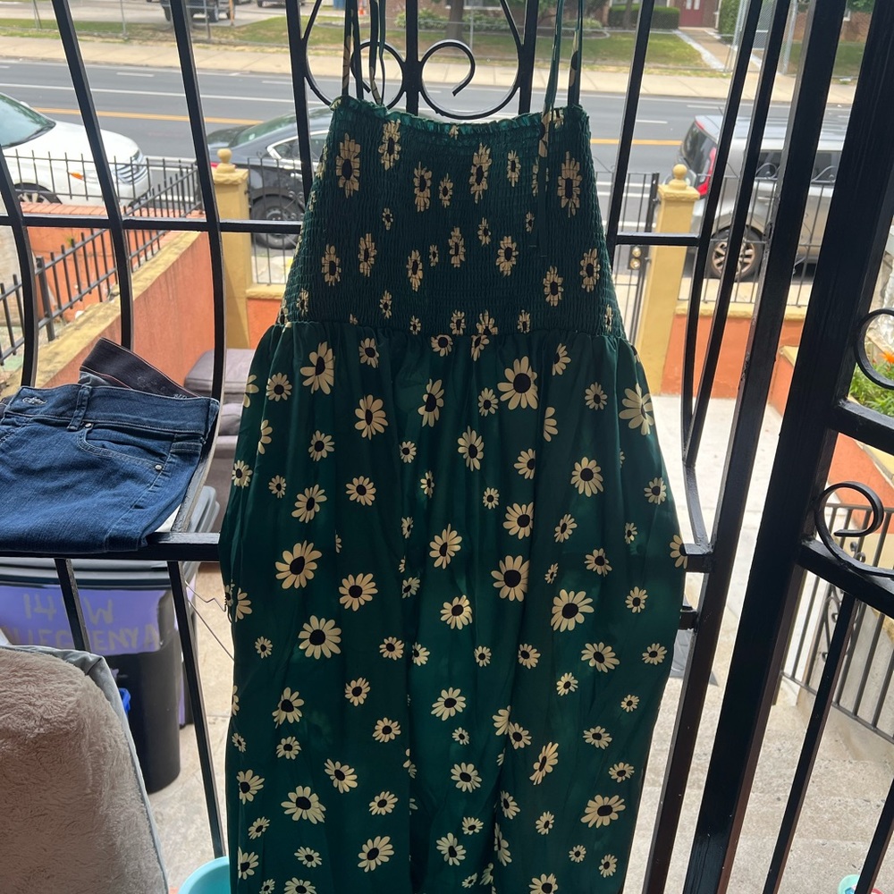 Emerald green polyester little sheer with yellow sunflowers all occasion dress.